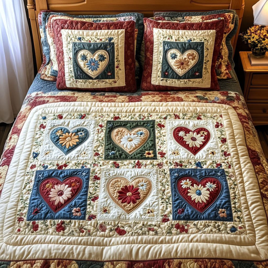 Blossoms and Hearts quilted 3-piece bedding set on a made bed with two matching pillow shams