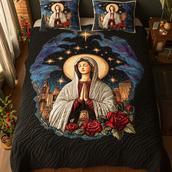 Blossoms of Faith quilted 3-piece bedding set on a made bed in a softly lit bedroom