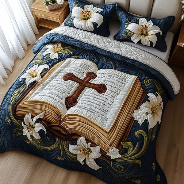 Blossoms of Prayer quilted 3-piece bedding set on a made bed in a softly lit bedroom