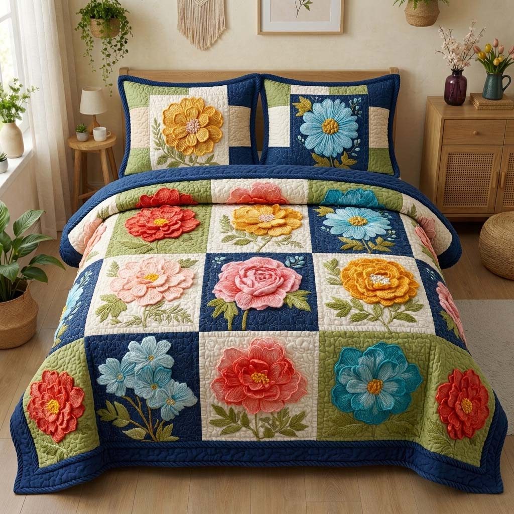 Blue Bloom quilted 3-piece bedding set on a made bed with two matching pillow shams