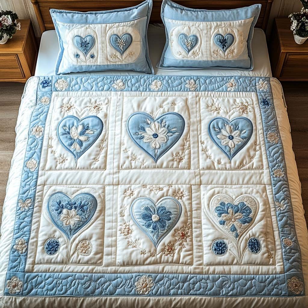Blue Bloom quilted 3-piece bedding set on a made bed with two matching pillow shams