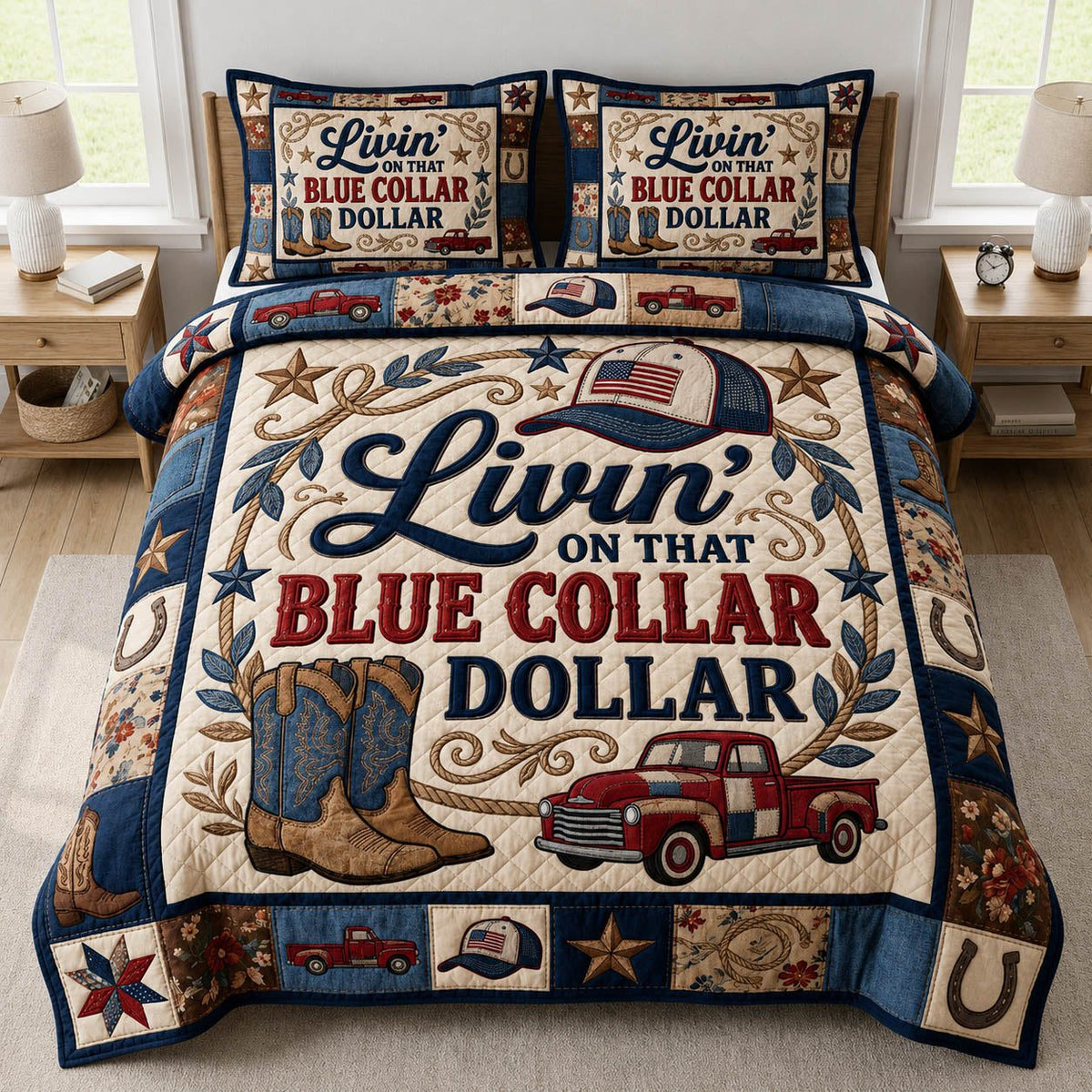Blue Collar Dollar quilted 3-piece bedding set on a made bed with two matching pillow shams