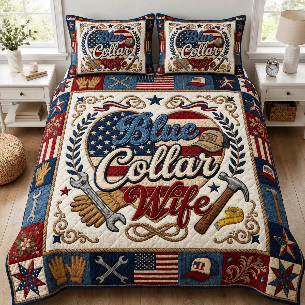 Blue Collar Wife quilted 3-piece bedding set on a made bed with two matching pillow shams