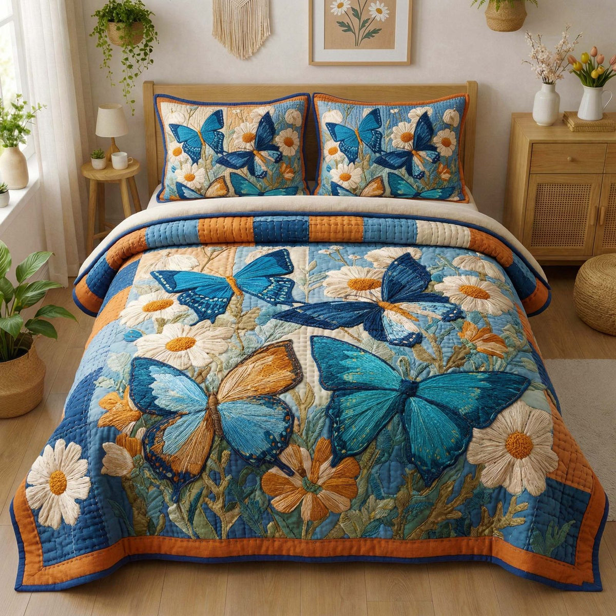 Blue Garden quilted 3-piece bedding set on a made bed with two matching pillow shams