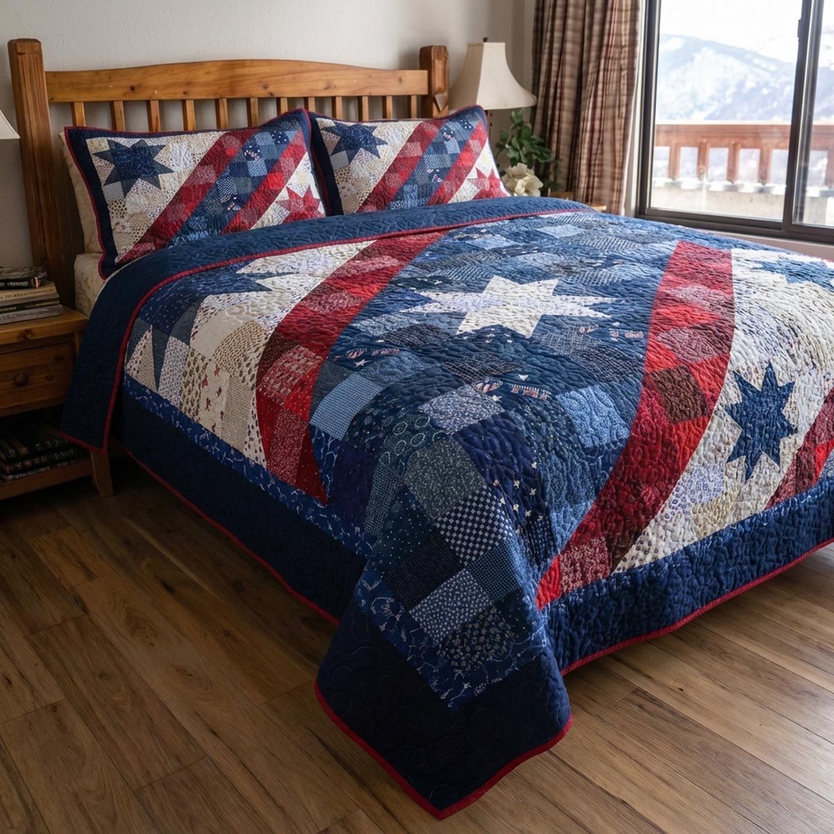 Blue Glory quilted 3-piece bedding set on a made bed with two matching pillow shams