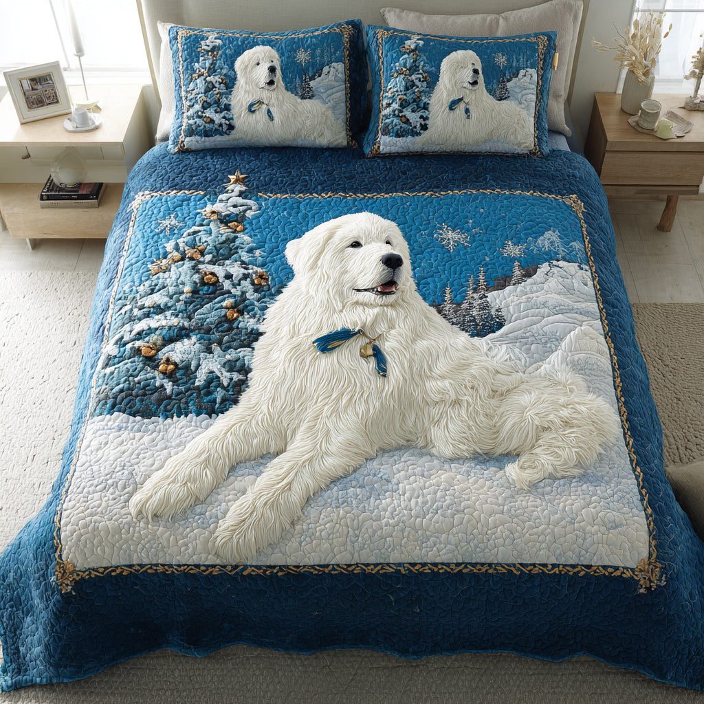 Blue Great Pyrenees quilted 3-piece bedding set on a made bed with two matching pillow shams