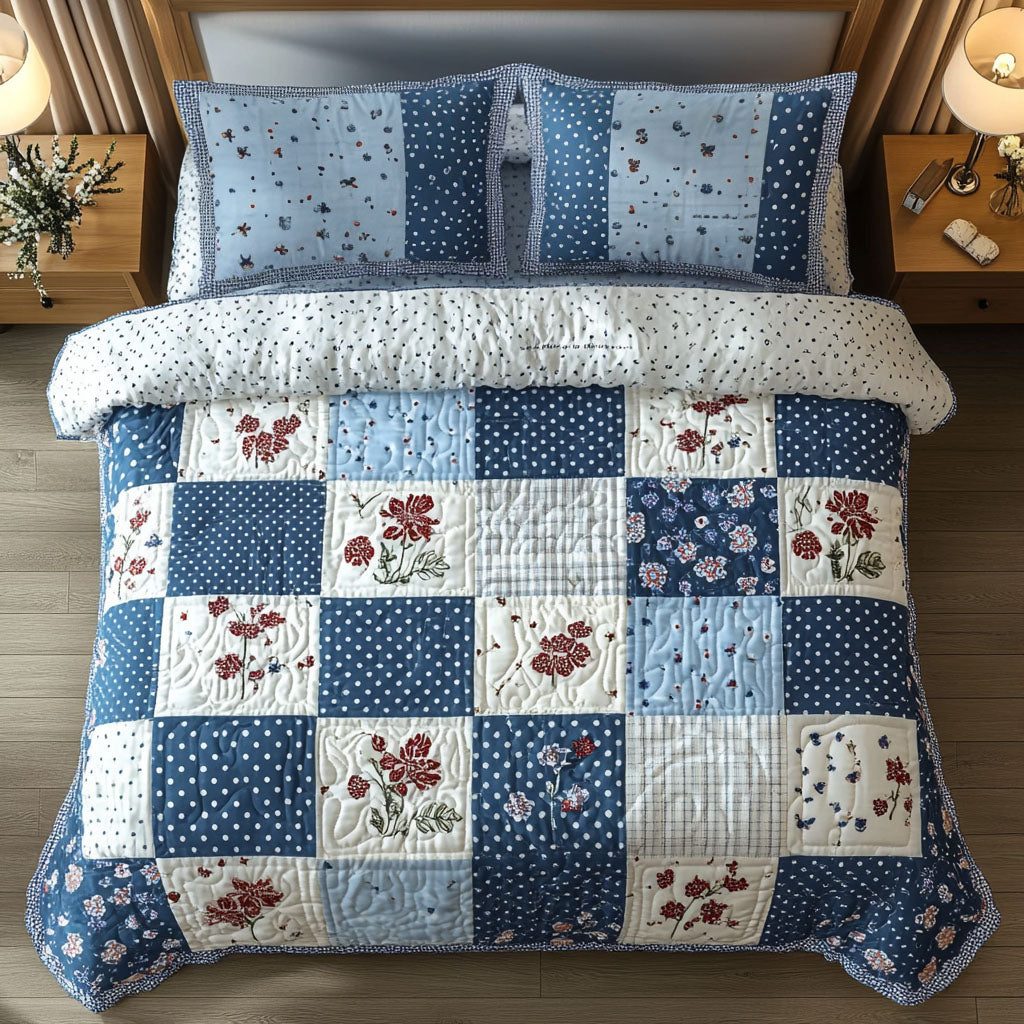 Blue Harmony quilted 3-piece bedding set on a made bed with two matching pillow shams