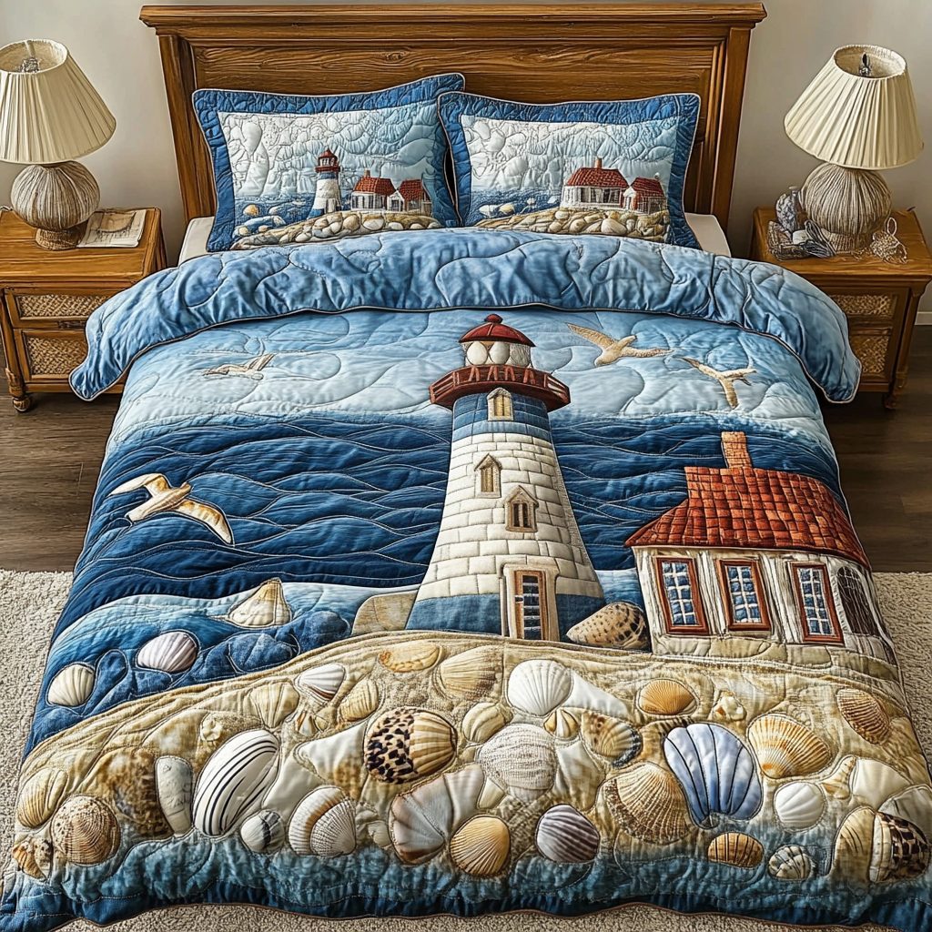 Blue Lagoon quilted 3-piece bedding set on a made bed in a light coastal bedroom