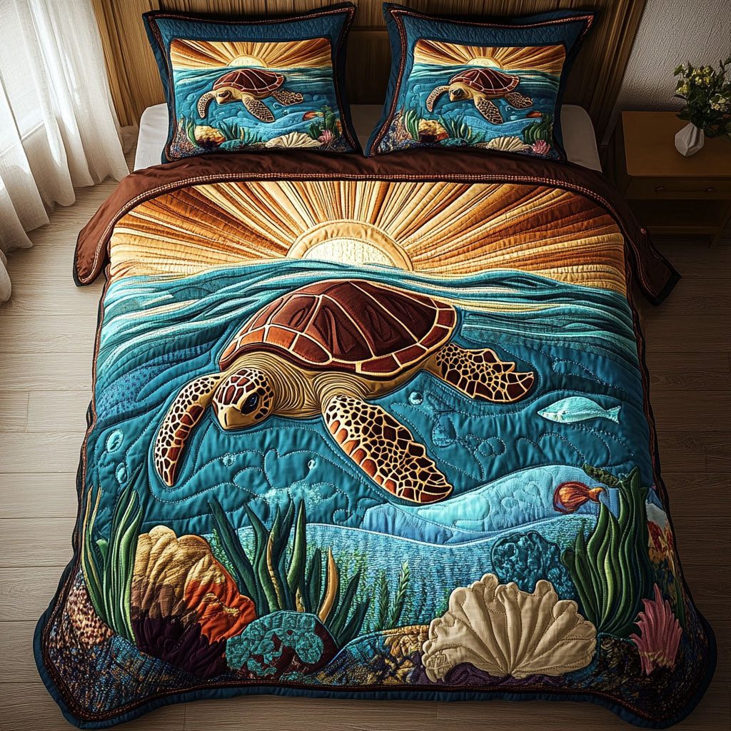 Blue Lagoon Turtle quilted 3-piece bedding set on a made bed in a light coastal bedroom