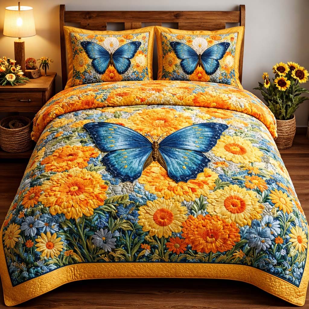 Blue Marigold quilted 3-piece bedding set on a made bed with two matching pillow shams