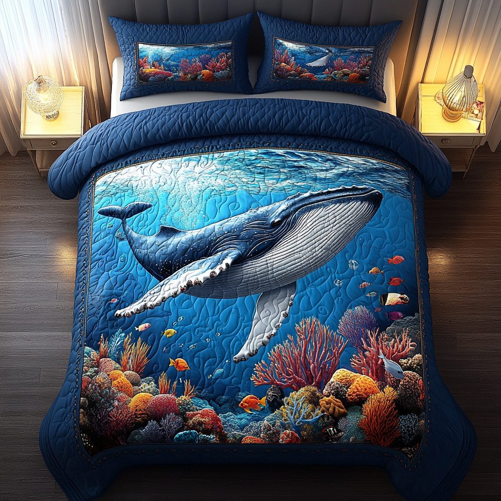 Blue Maze quilted 3-piece bedding set on a made bed with two matching pillow shams