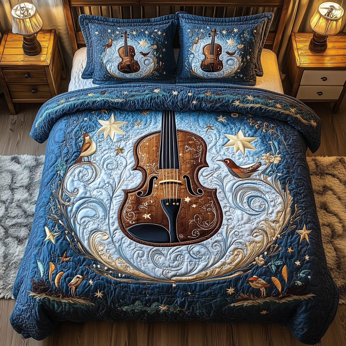 Blue Melodies quilted 3-piece bedding set on a made bed with two matching pillow shams