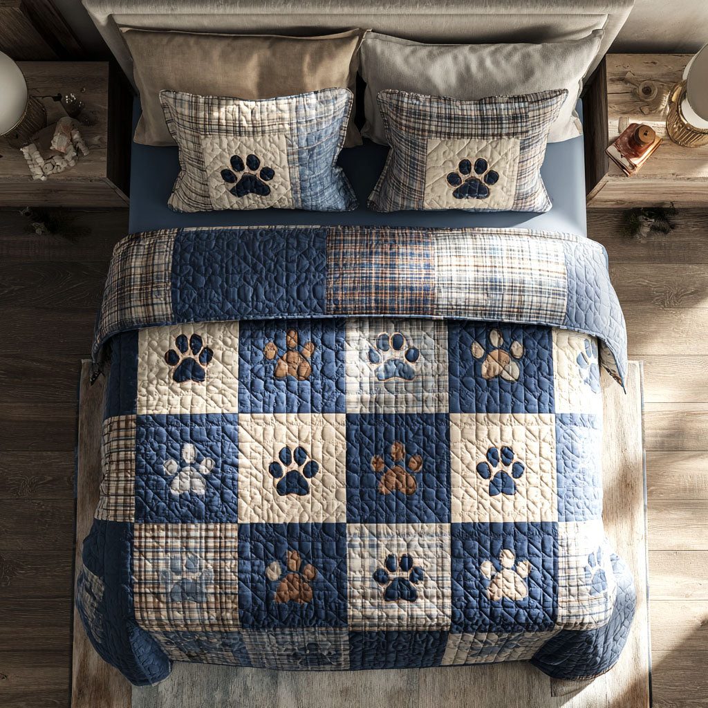 Blue Paw Comfort quilted 3-piece bedding set on a made bed with two matching pillow shams