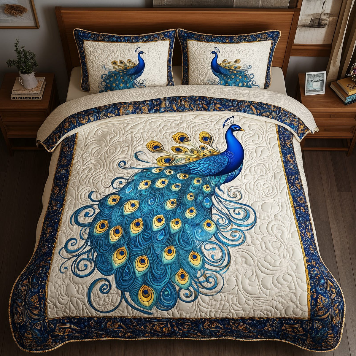 Blue Peacock quilted 3-piece bedding set on a made bed with two matching pillow shams
