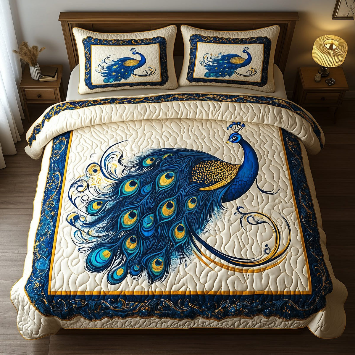 Blue Peacock quilted 3-piece bedding set on a made bed with two matching pillow shams