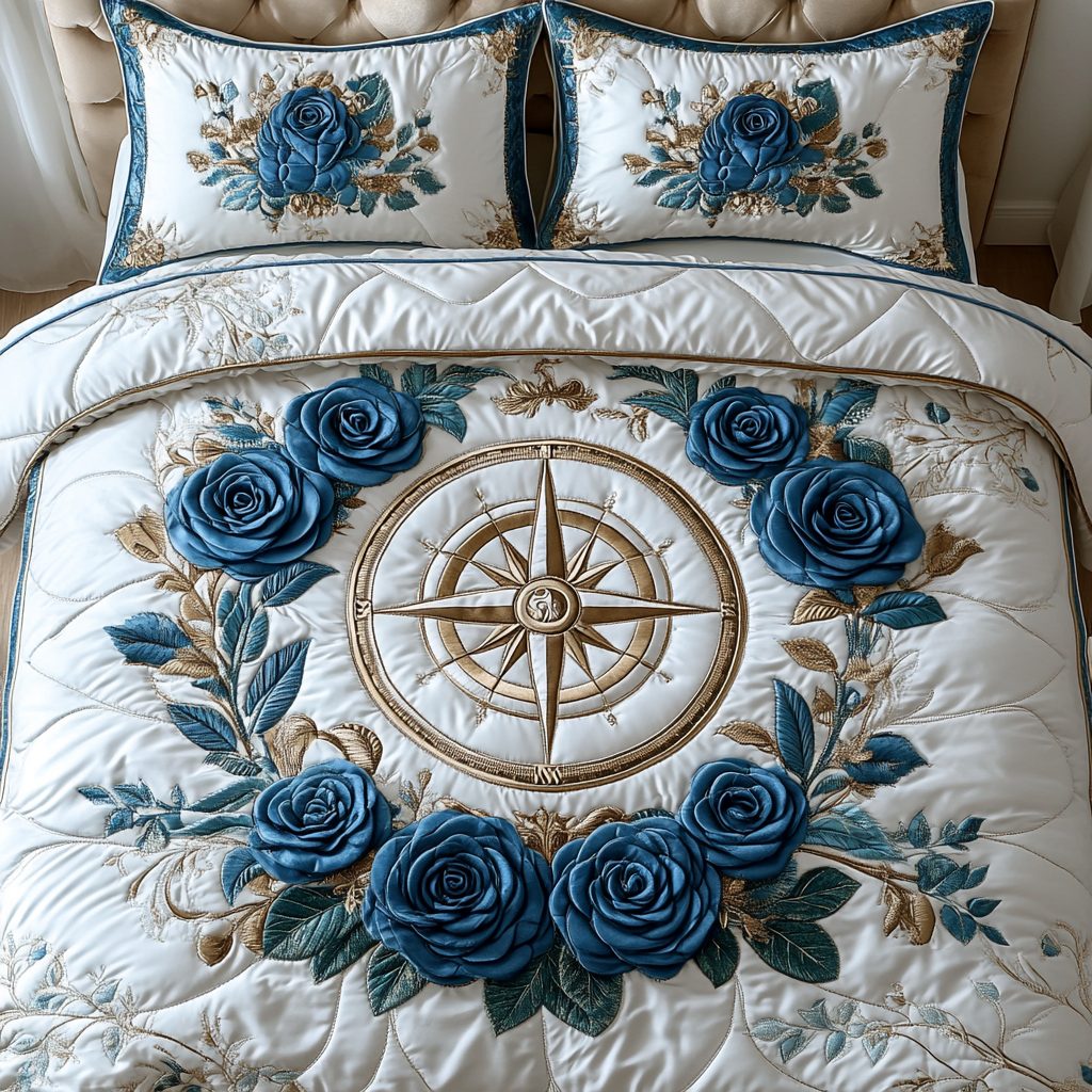 Blue Rose Charm quilted 3-piece bedding set on a made bed with two matching pillow shams