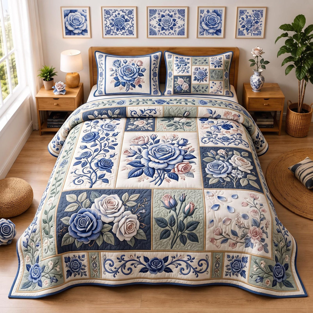 Blue Rose Garden quilted 3-piece bedding set on a made bed with two matching pillow shams