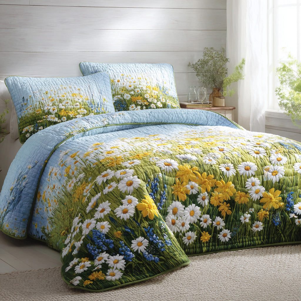 Blue Sky Daisies quilted 3-piece bedding set on a made bed with two matching pillow shams