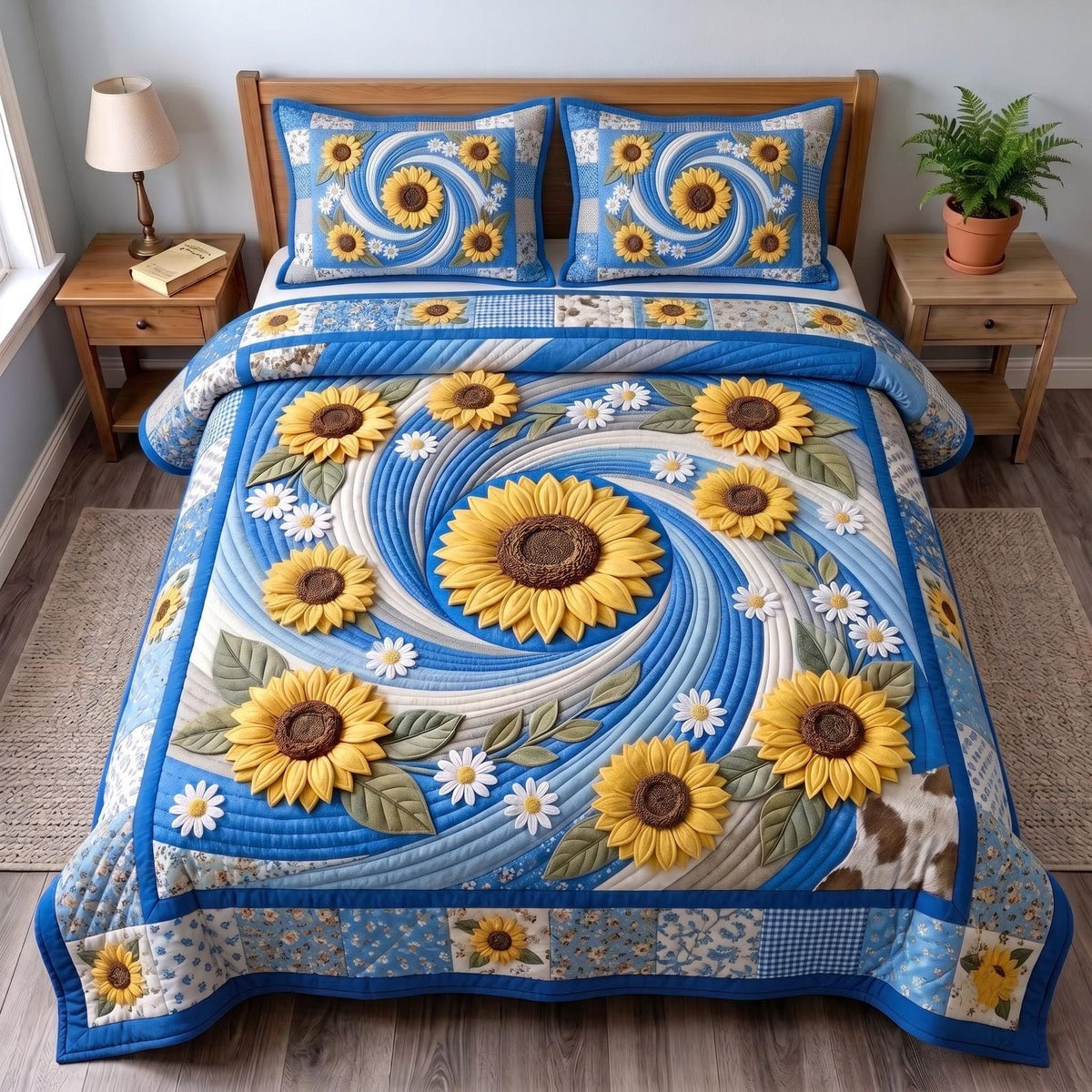 Blue Sunflower quilted 3-piece bedding set on a made bed with two matching pillow shams