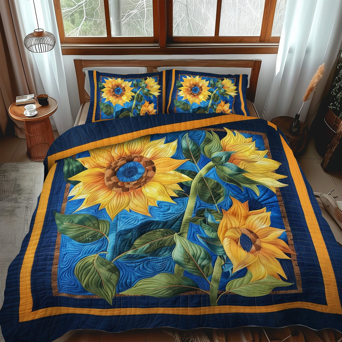 Blue Sunny Bloom quilted 3-piece bedding set on a made bed with two matching pillow shams