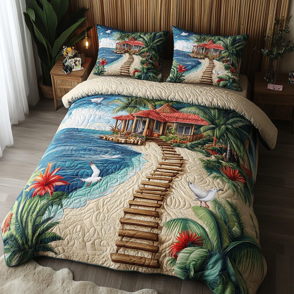 Blue Tide quilted 3-piece bedding set on a made bed in a light coastal bedroom