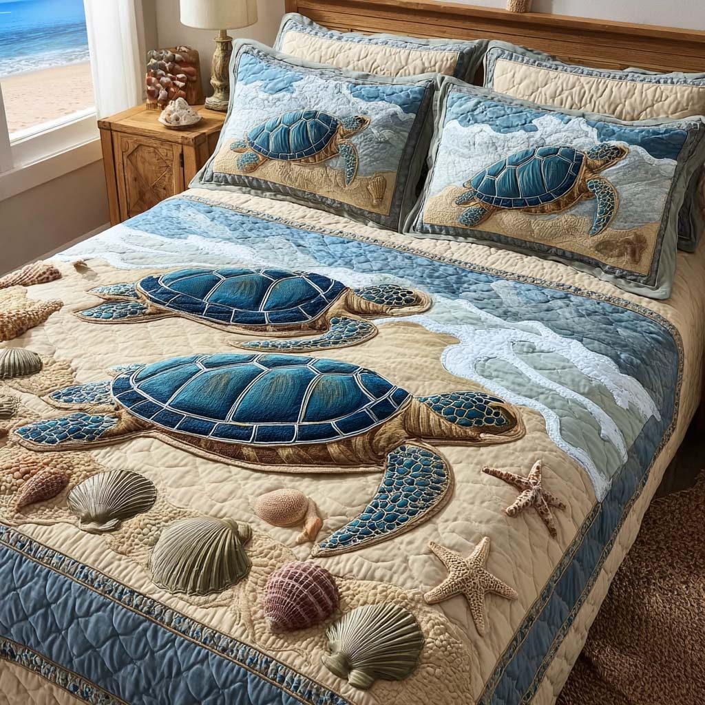 Blue Tide Turtle quilted 3-piece bedding set on a made bed in a light coastal bedroom