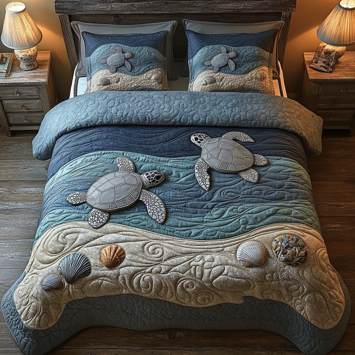 Blue Turtle quilted 3-piece bedding set on a made bed in a light coastal bedroom