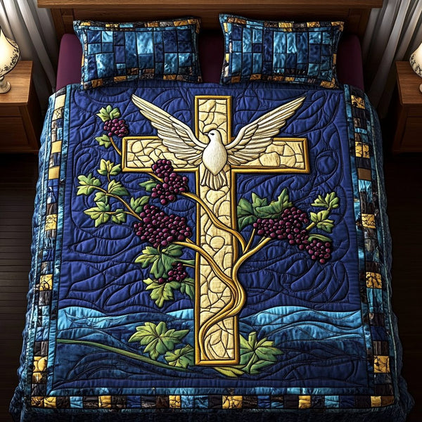 Blue Vine Cross quilted 3-piece bedding set on a made bed in a softly lit bedroom