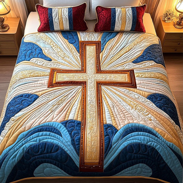 Blue Waves Cross quilted 3-piece bedding set on a made bed in a softly lit bedroom