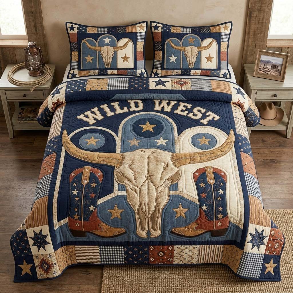 Blue Western Skull quilted 3-piece bedding set on a made bed against a dark styled interior