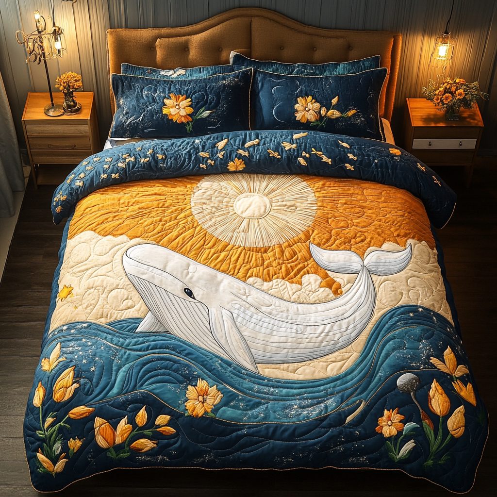 Blue Whale quilted 3-piece bedding set on a made bed in a light coastal bedroom