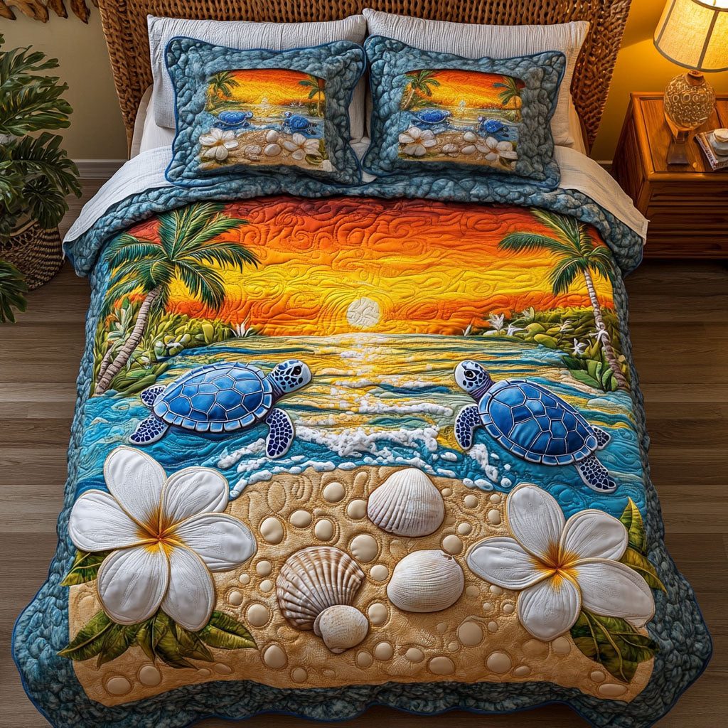 Blueback Glide quilted 3-piece bedding set on a made bed with two matching pillow shams