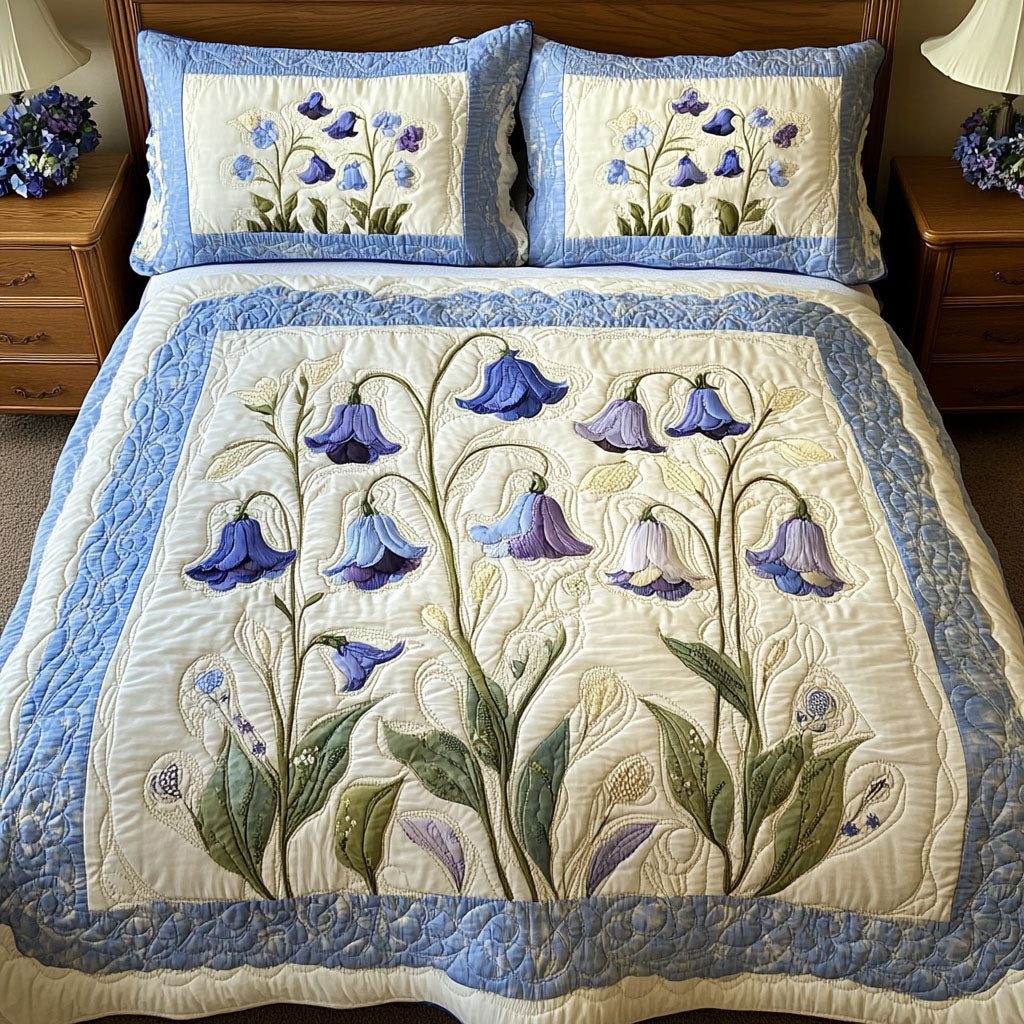 Bluebell Horizon quilted 3-piece bedding set on a made bed with two matching pillow shams