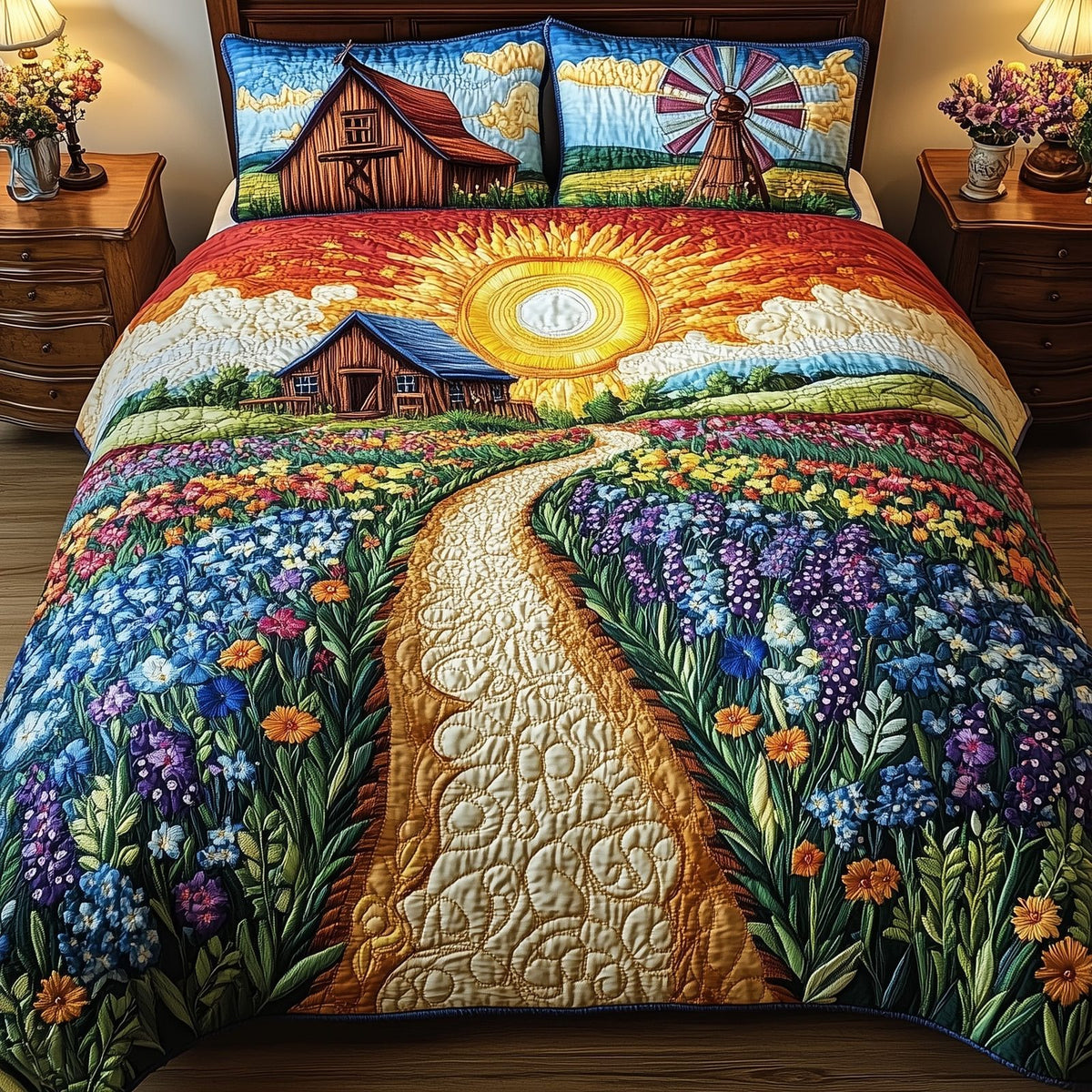Bluebonnet Barn quilted 3-piece bedding set on a made bed in a farmhouse bedroom