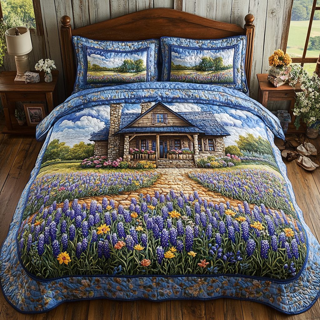 Bluebonnet Beauty quilted 3-piece bedding set on a made bed with two matching pillow shams