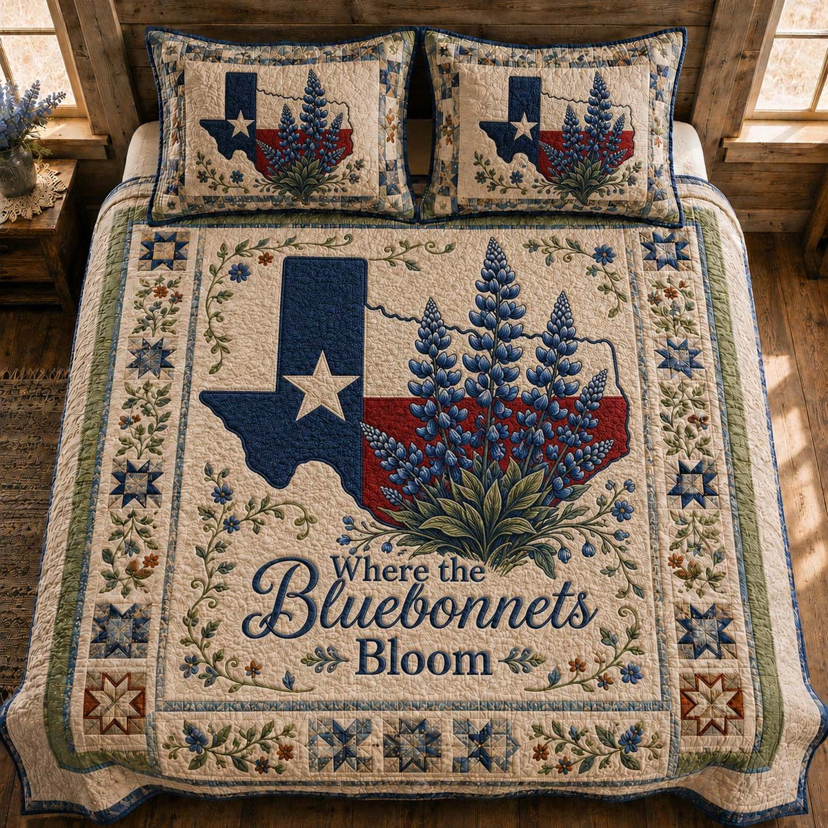 Bluebonnet Bloom quilted 3-piece bedding set on a made bed with two matching pillow shams