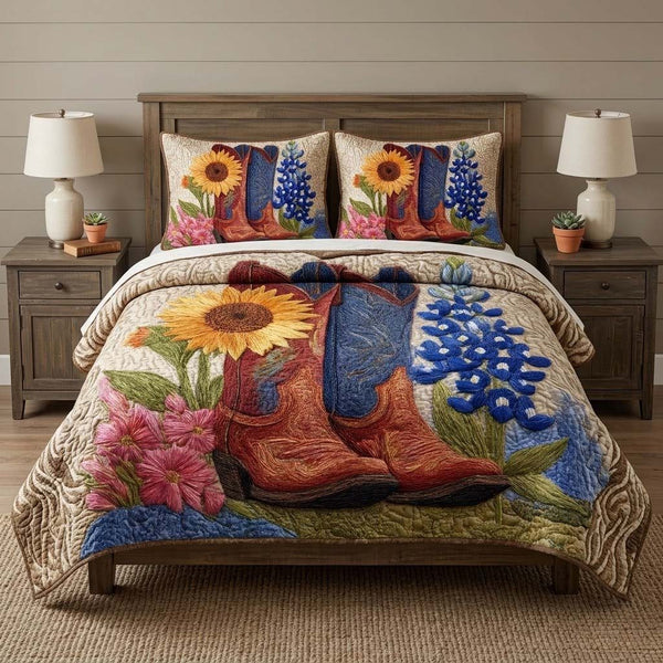 Bluebonnet Boots Texas quilted 3-piece bedding set on a made bed in a rustic timber bedroom