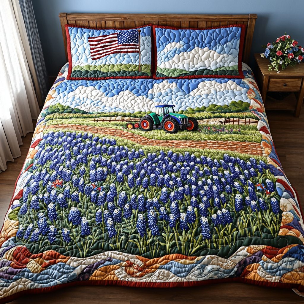 Bluebonnet Field quilted 3-piece bedding set on a made bed with two matching pillow shams