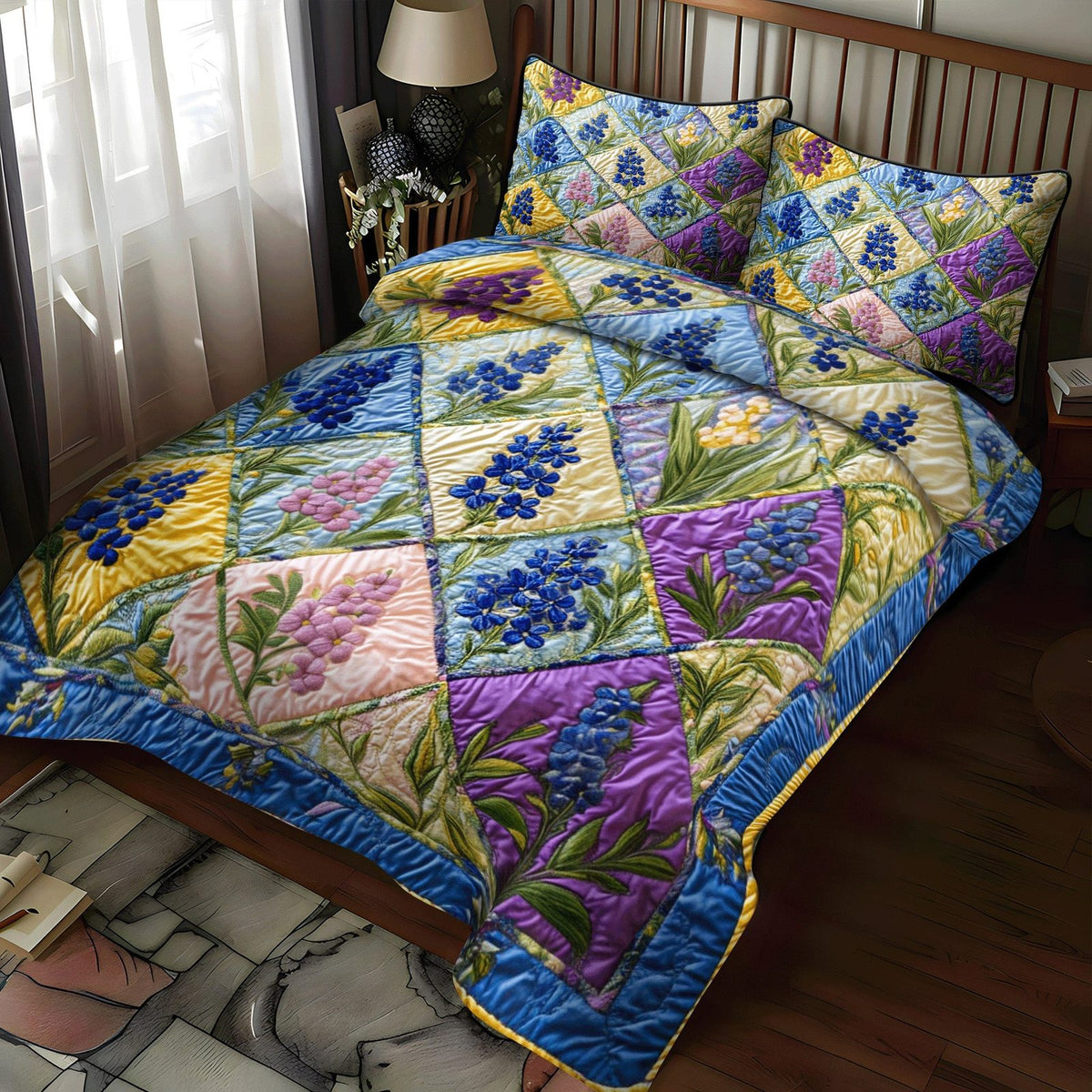 Bluebonnet Fields quilted 3-piece bedding set on a made bed with two matching pillow shams