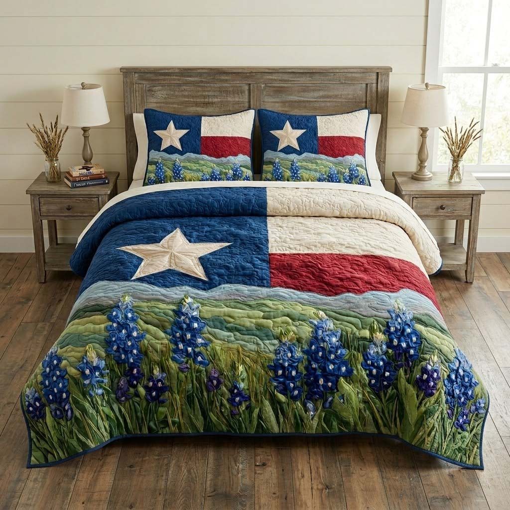 Bluebonnet Flag quilted 3-piece bedding set on a made bed in a warmly lit bedroom