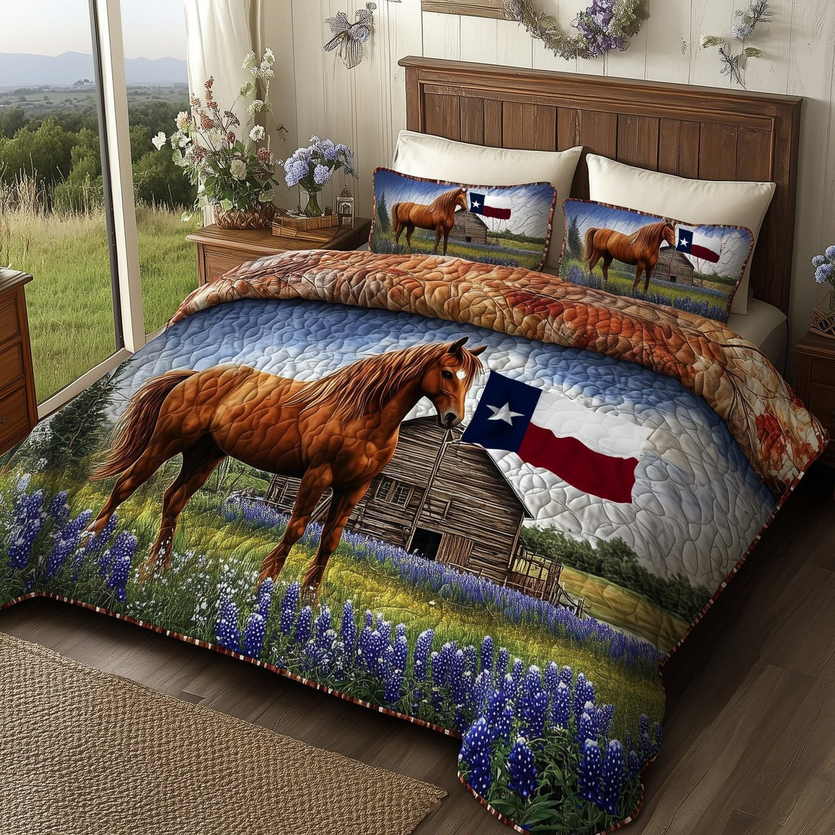 Bluebonnet Horse quilted 3-piece bedding set on a made bed in a rustic timber bedroom