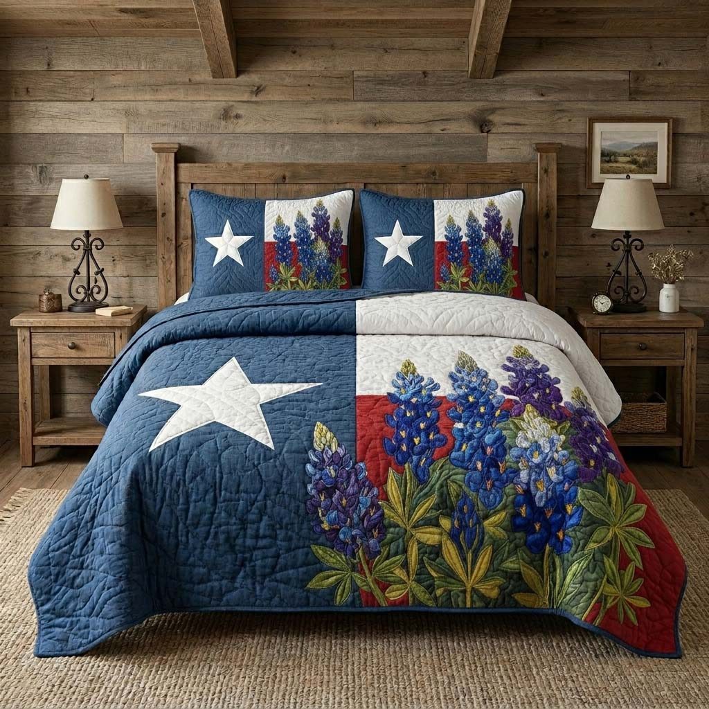 Bluebonnet Starfield quilted 3-piece bedding set on a made bed with two matching pillow shams