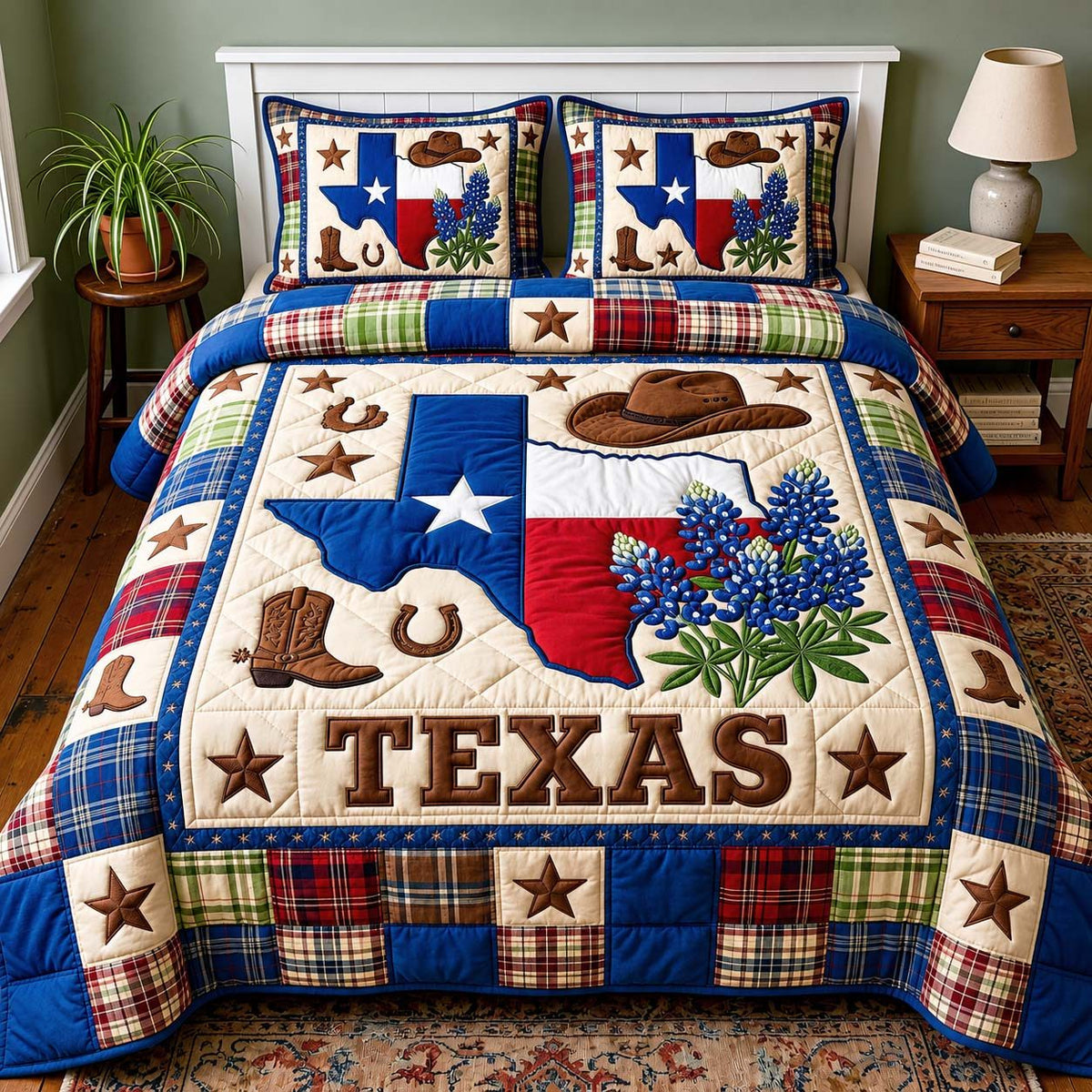 Bluebonnet State quilted 3-piece bedding set on a made bed with two matching pillow shams