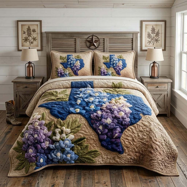 Bluebonnet Texas Map quilted 3-piece bedding set on a made bed in a rustic timber bedroom