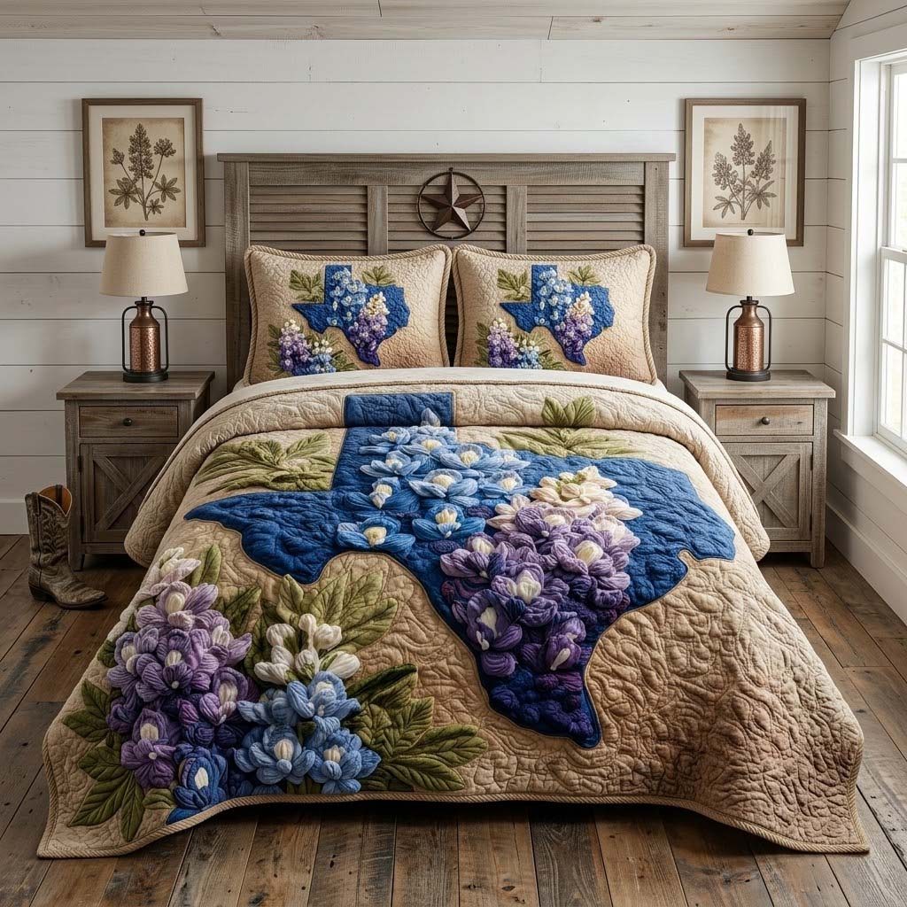 Bluebonnet Texas Map quilted 3-piece bedding set on a made bed in a rustic timber bedroom