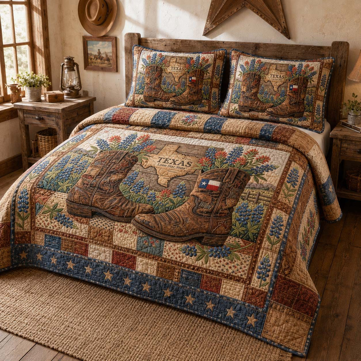 Bluebonnet Trail quilted 3-piece bedding set on a made bed with two matching pillow shams