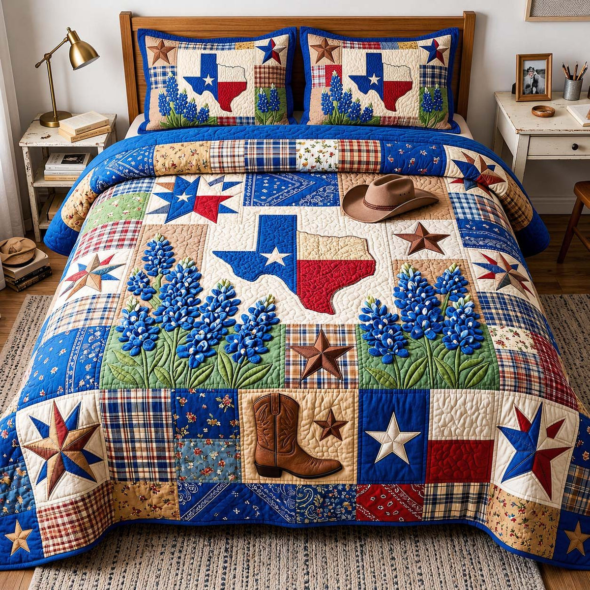 Bluebonnet Trails quilted 3-piece bedding set on a made bed with two matching pillow shams