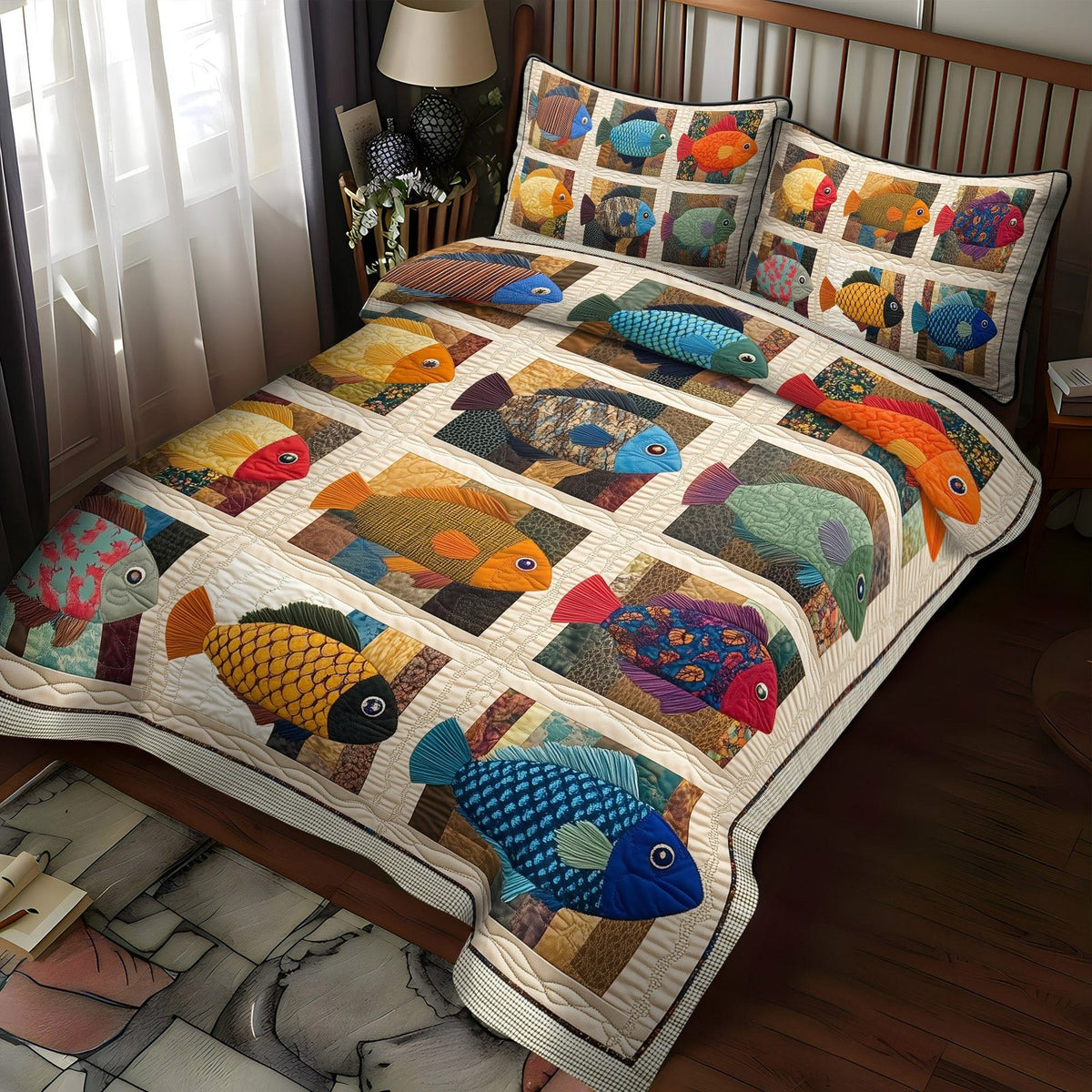 Bluegill Meadows quilted 3-piece bedding set on a made bed with two matching pillow shams