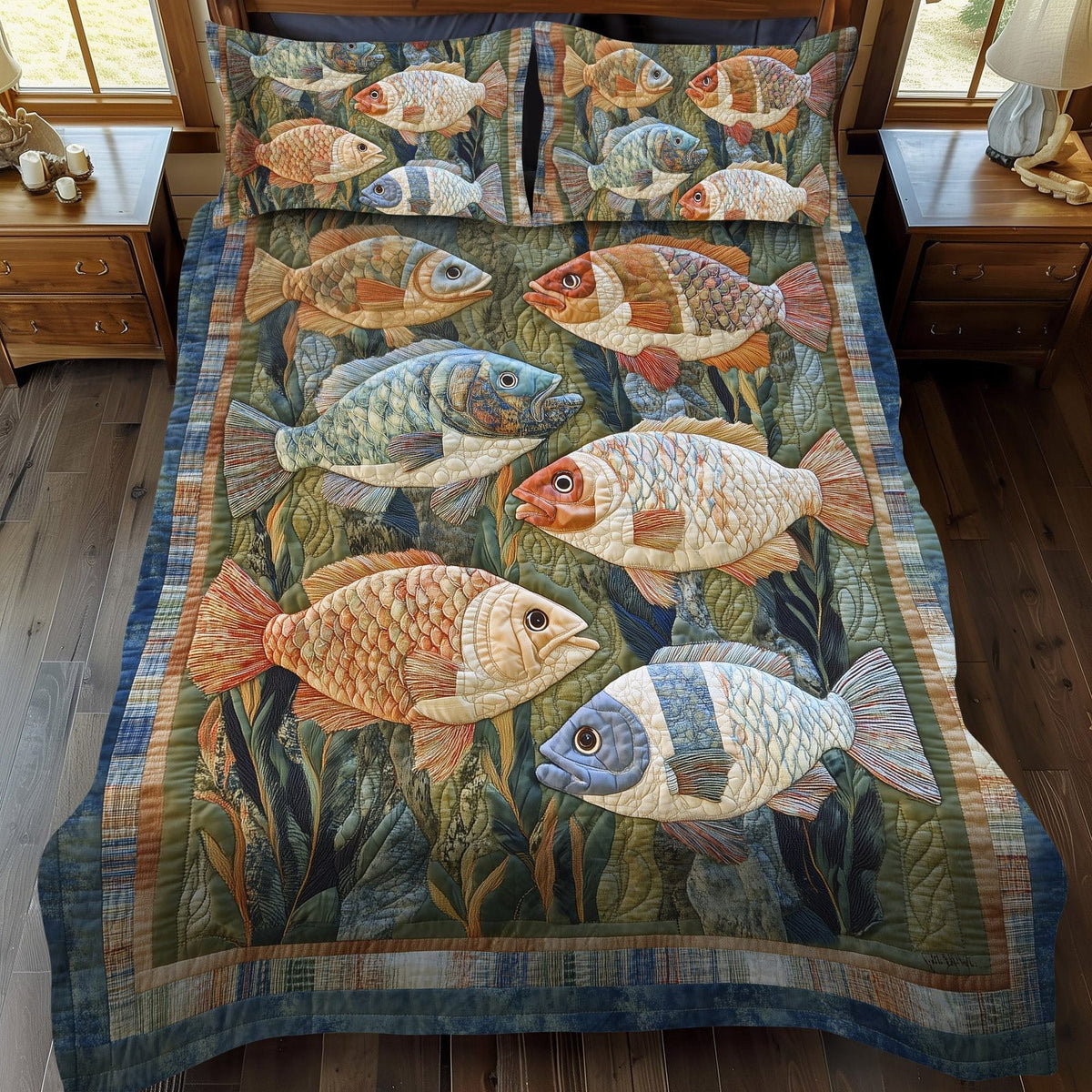 Bluegill Waters quilted 3-piece bedding set on a made bed with two matching pillow shams