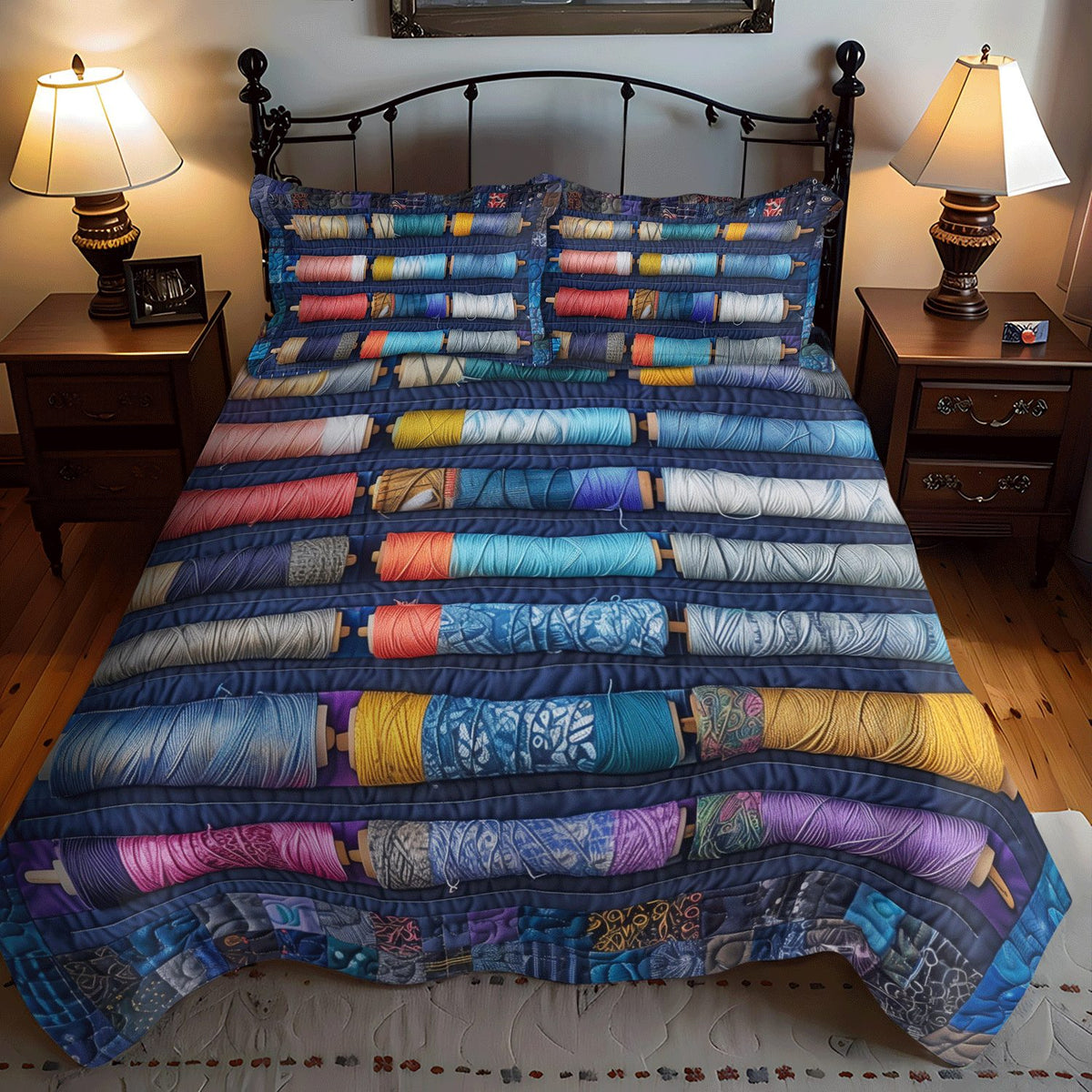 Bluish Spools quilted 3-piece bedding set on a made bed with two matching pillow shams
